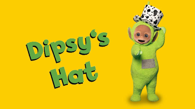 A chubby green character, wearing a black and white hat, dancing in front of a yellow background.