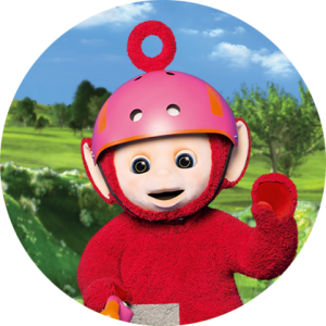 A red character with a round, beige face is wearing a red helmet and waving. There is a green field and a blue sky in the background.