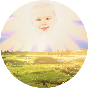 A bright sun, with a baby's face on it, shining down on a green field.