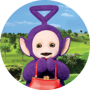 A purple character with a round beige face is holding a red purse in front of him. There is a green field in the background.