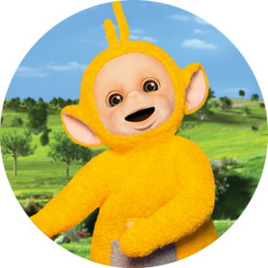 A happy yellow character with a beige face is standing in front of a green hill and a blue sky.