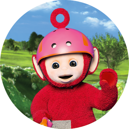 A red character with a round, beige face is wearing a red helmet and waving. There is a green field and a blue sky in the background.
